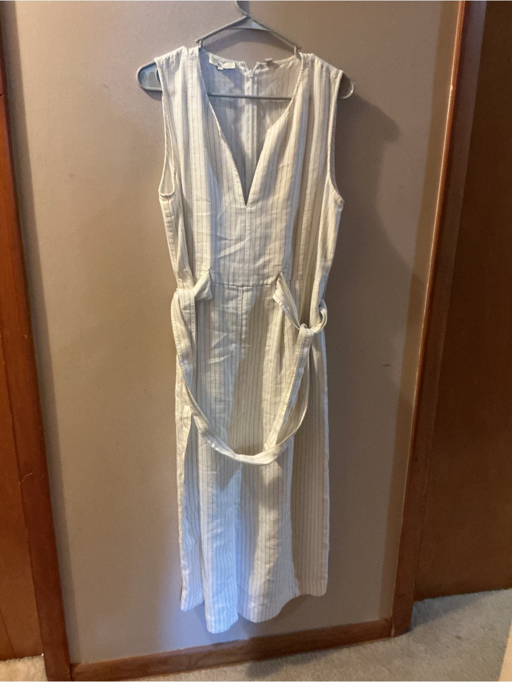 Vince Striped Sleeveless V-Neck Midi Dress in Cream and Light Blue
